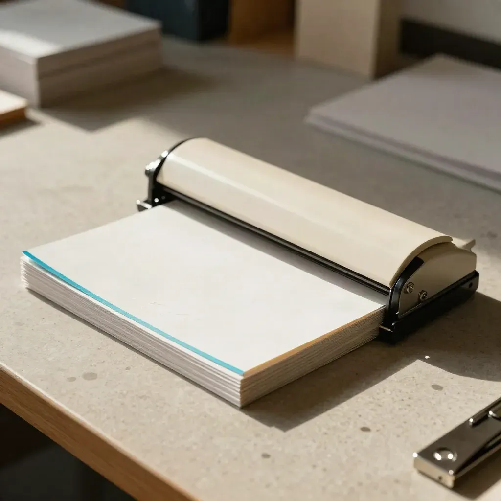 Volantini pubblicitari appena tagliati in una tipografia luminosa con luce calda.