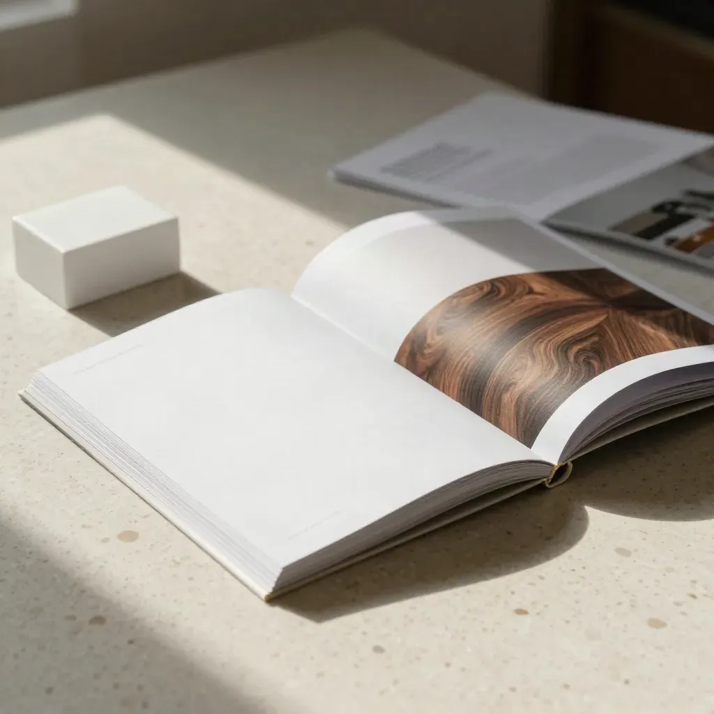 Brochure aziendali aperte su banco di finitura in stampa, con prova di copertina e fermacarte.