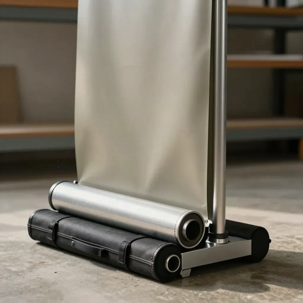 Base roll-up con banner aperto, tubo di ricambio e custodia zavorrata su cemento.
