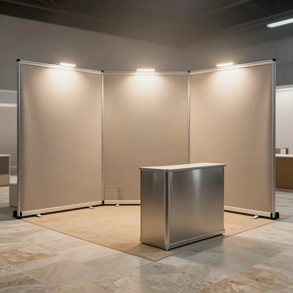 Stand fieristico vuoto con tre roll-up coordinati, banco reception e corridoio moquettato.