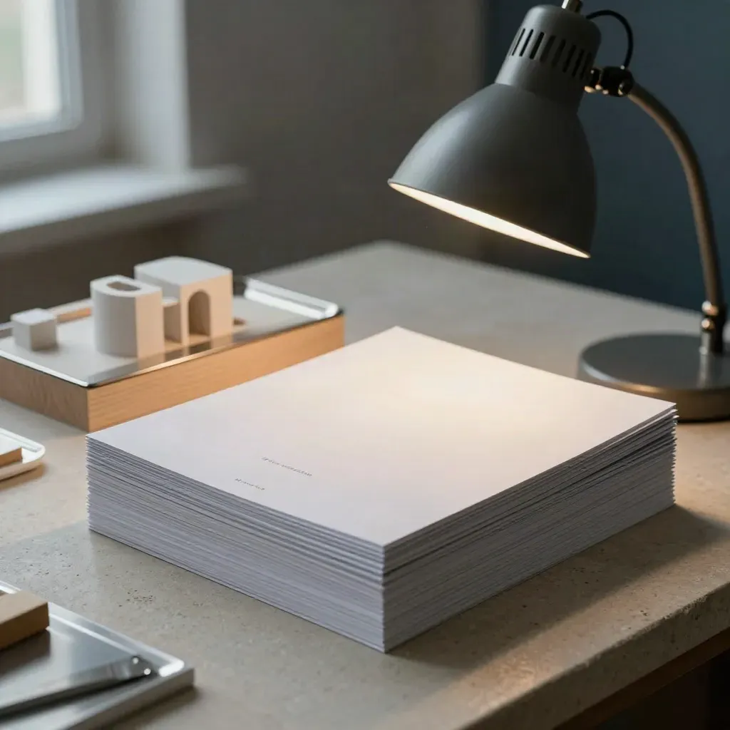 Brochure tecniche pronte accanto a un modello architettonico e lampada su banco in penombra