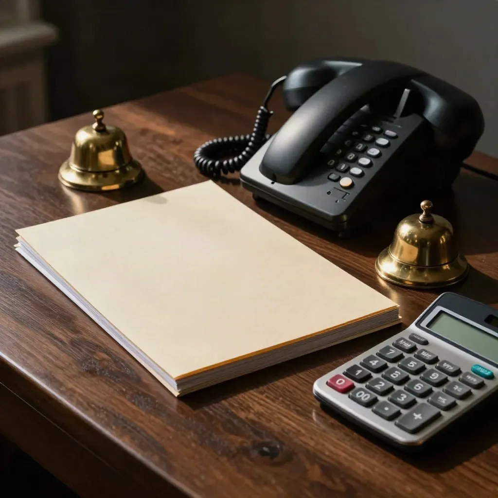Telefono, cartella preventivi, campanello in ottone e calcolatrice su piano scuro