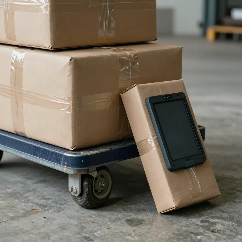 Pacchi sigillati, carrello e scanner su pavimento industriale con luce morbida.