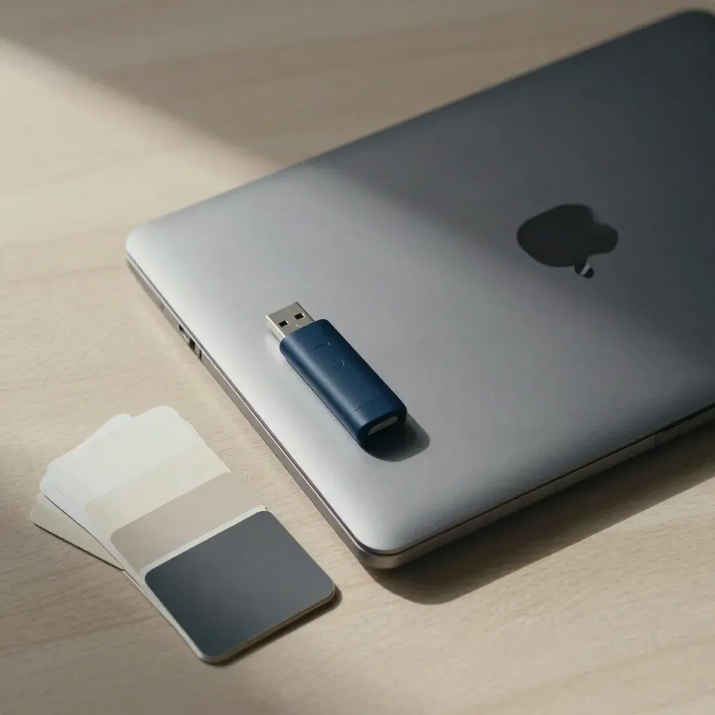 Laptop chiuso, chiavetta USB e mazzetta colori su legno chiaro, luce morbida laterale.