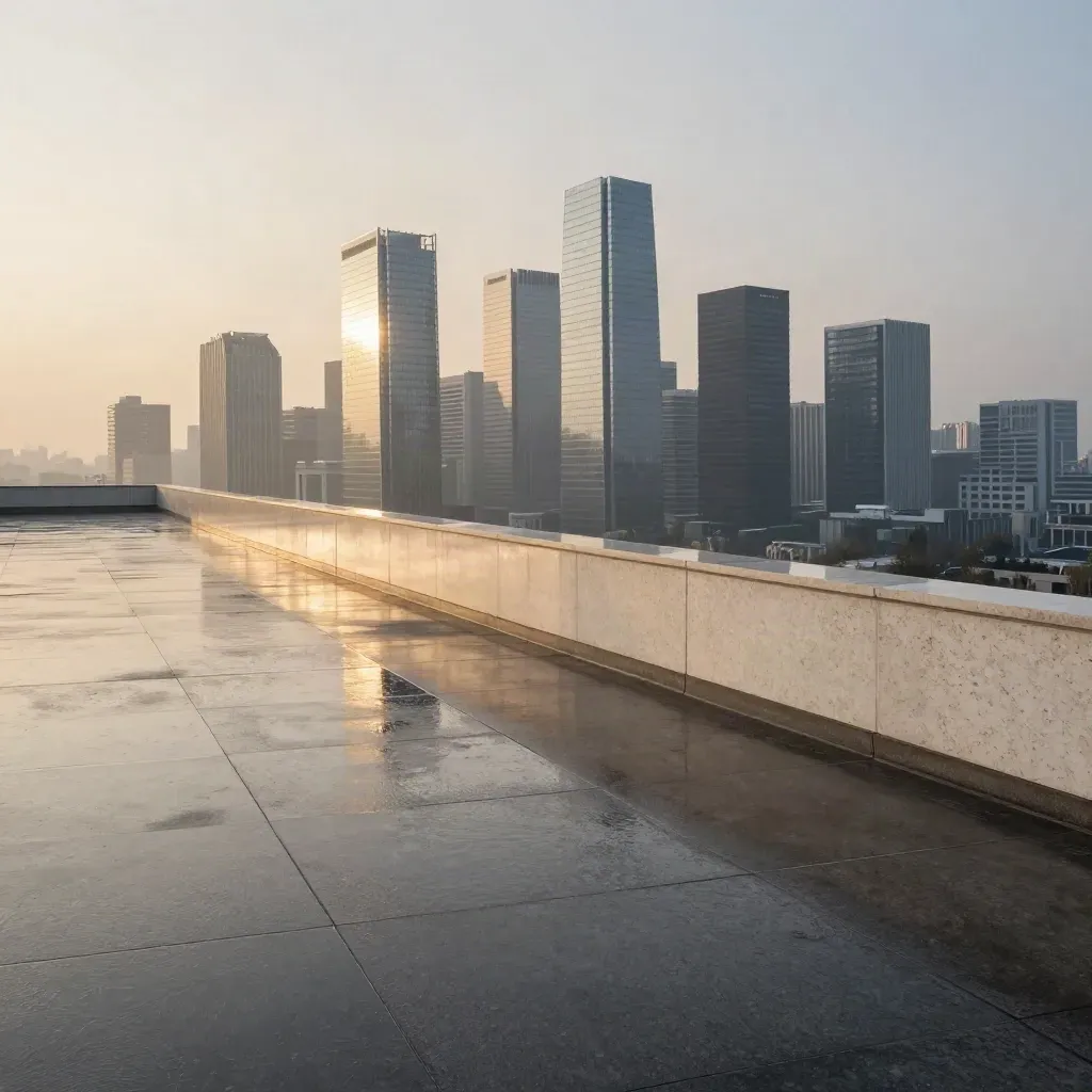 Skyline di Porta Nuova da un tetto bagnato, con foschia calda e riflessi argentati al tramonto.