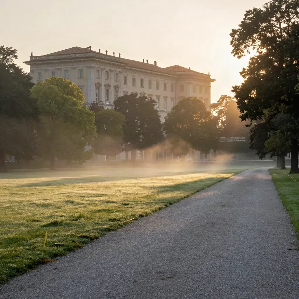Villa Reale di Monza al mattino, con il parco immerso nella nebbia e luce dorata