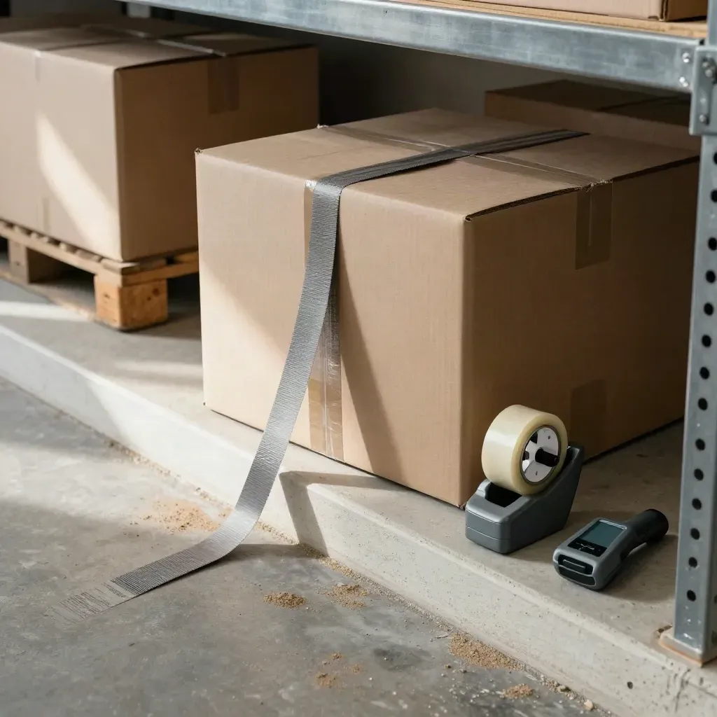 Cartoni sigillati con nastro, fascia e scanner su pavimento di cemento chiaro.