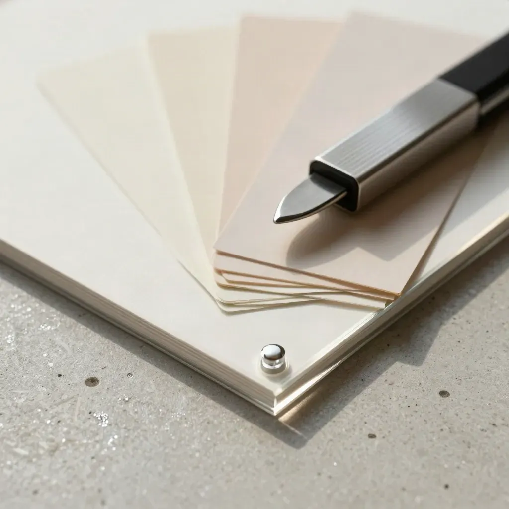Righello acrilico, segno metallico e tab colore su cemento chiaro, luce soffusa.