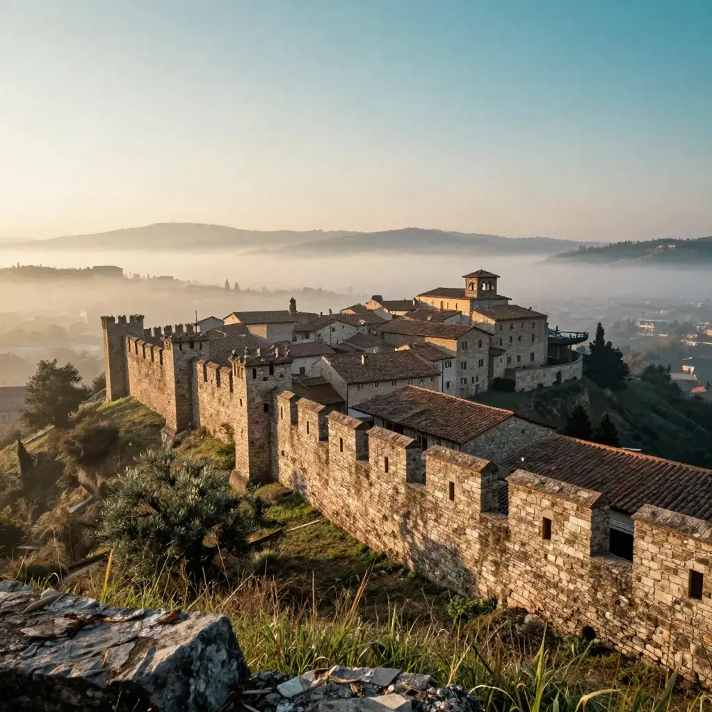 Mura di Bergamo Alta sopra una valle di nebbia all’alba